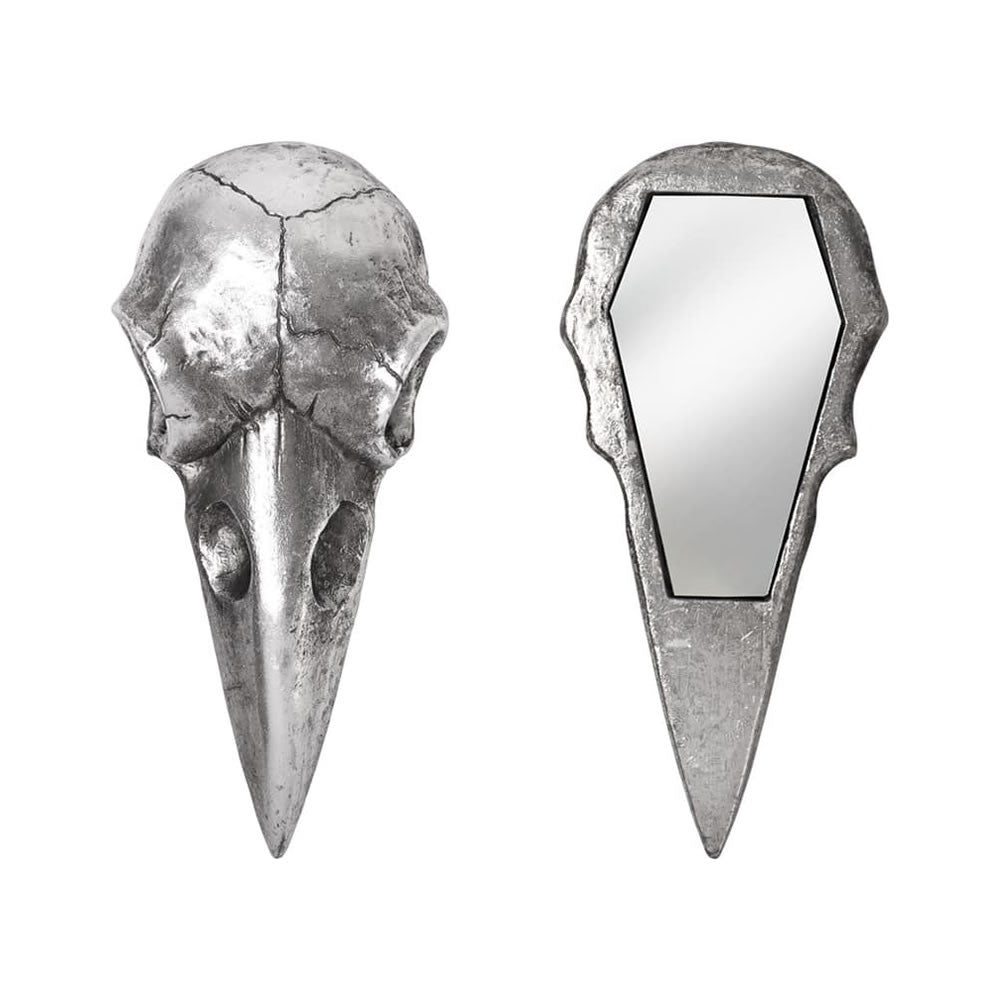 Raven Skull Hand Mirror - Antique Silver