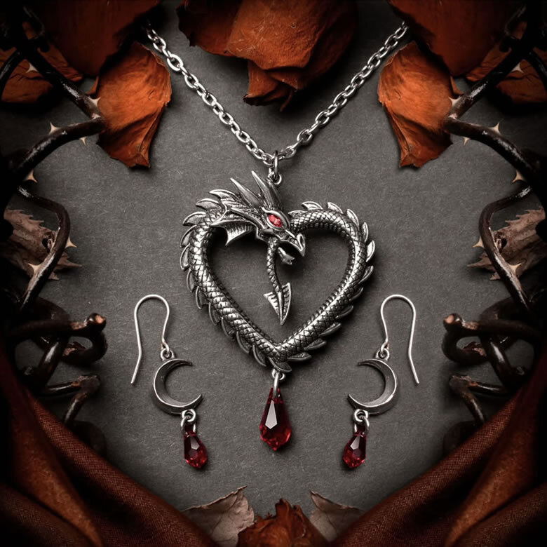 Vouivre Pendant & Tears of the Moon Red Earrings