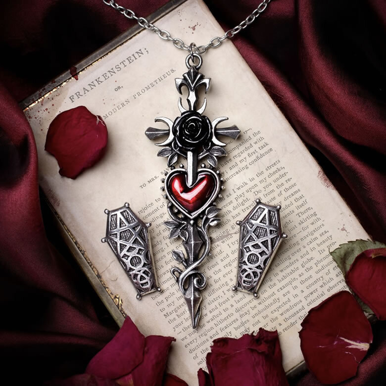Cross of the Dark Kiss Necklace & Hex Coffin Stud Earrings