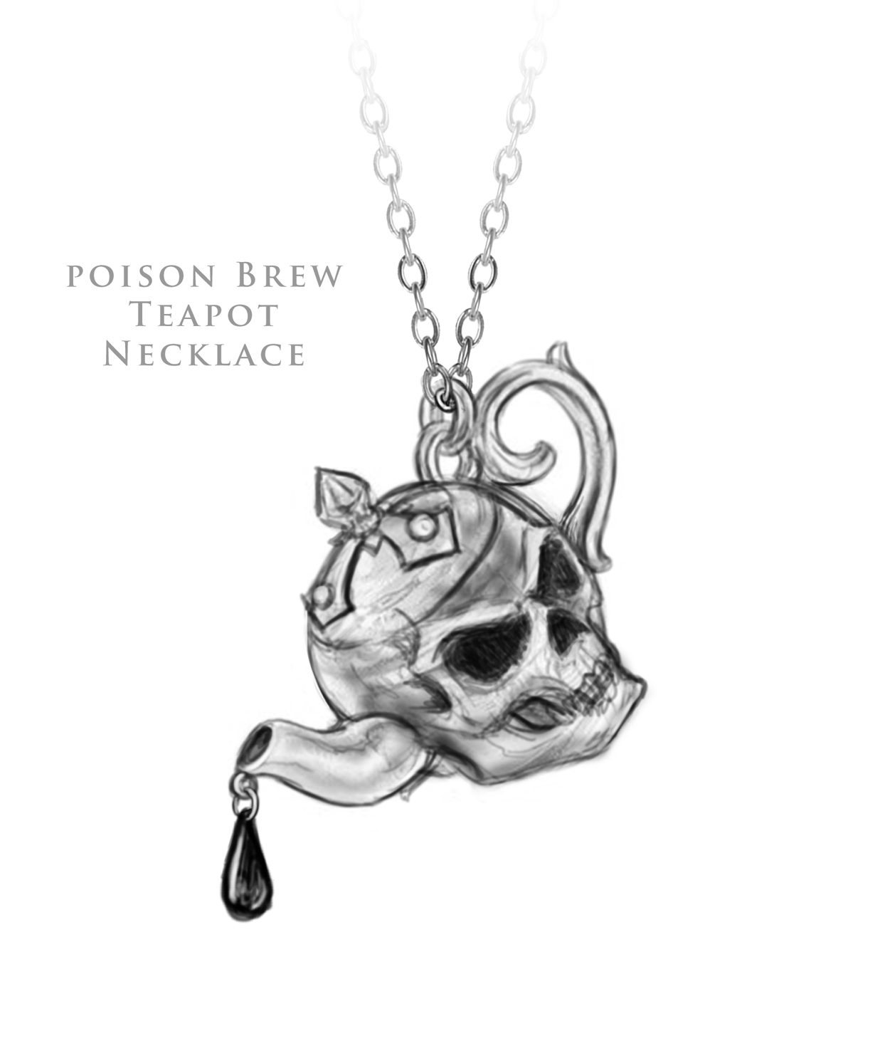 Hand-drawn sketch of the Alchemy of England Posion Brew Teapot Necklace